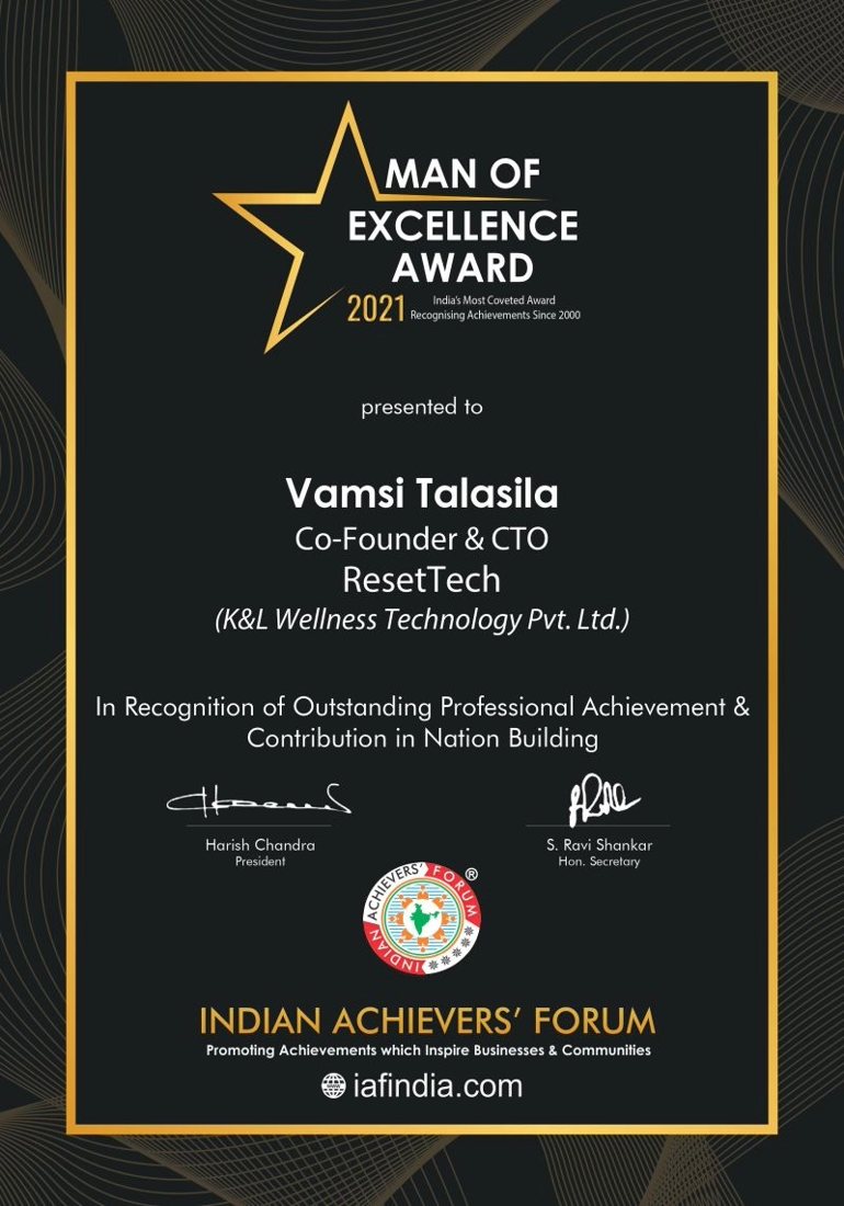 Man of Excellence Award 2021 certificate, Indian Achievers' Forum