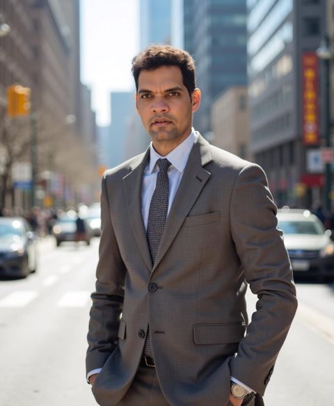 Grey suit on a city street