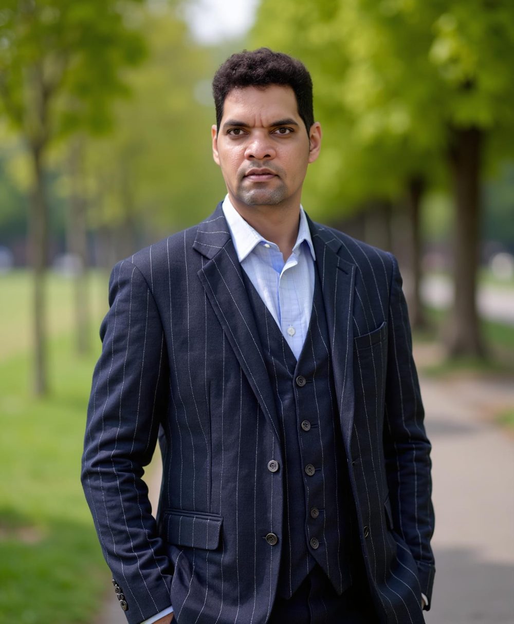 Vamsi Talasila in a navy pinstripe three-piece suit