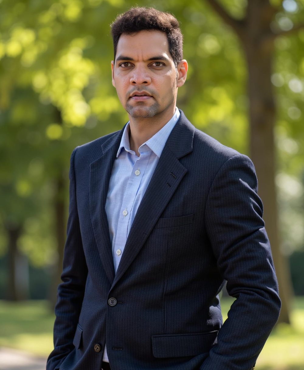 Vamsi Talasila in a navy blazer, outdoors