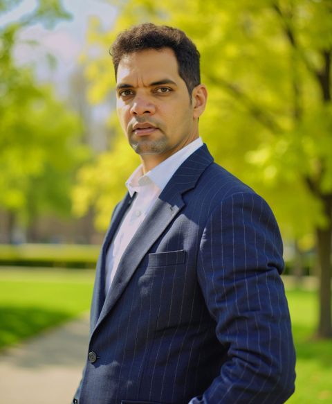 Navy pinstripe blazer, outdoors